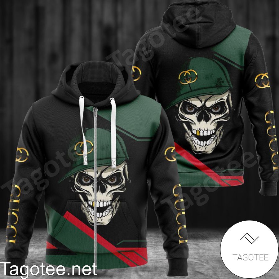 Gucci Skull Wearing Hat Black And Green Hoodie