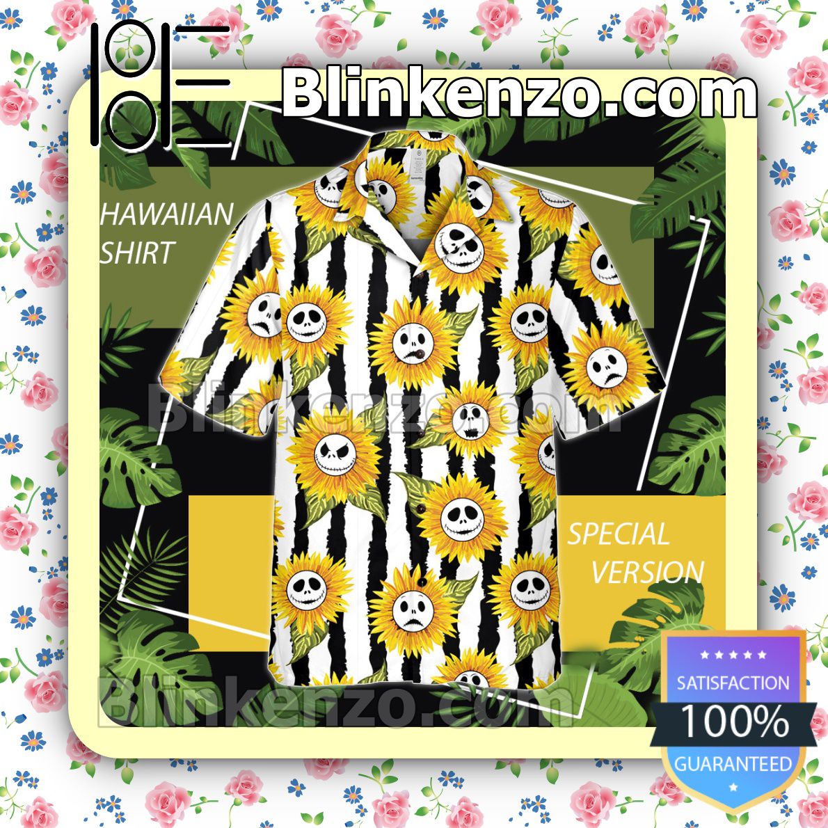 Jack Skellington Sunflower Black White Stripe Halloween Short Sleeve Shirts